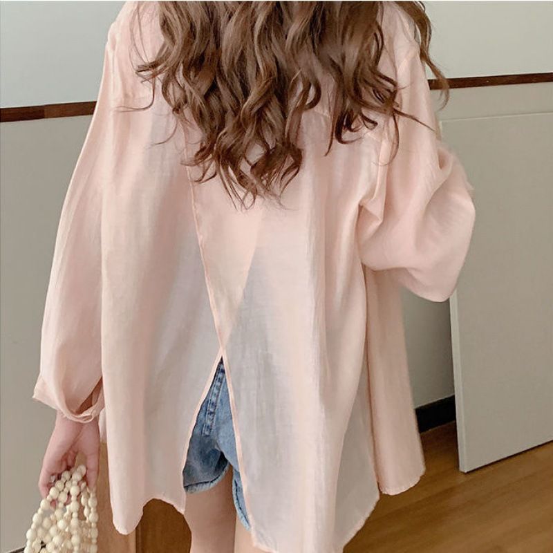 Women's Unique Design Back Slit Long Sleeved Shirt Loose Fit Solid Color Summer Style Outerwear Sun Protection Top_ecoleips.com