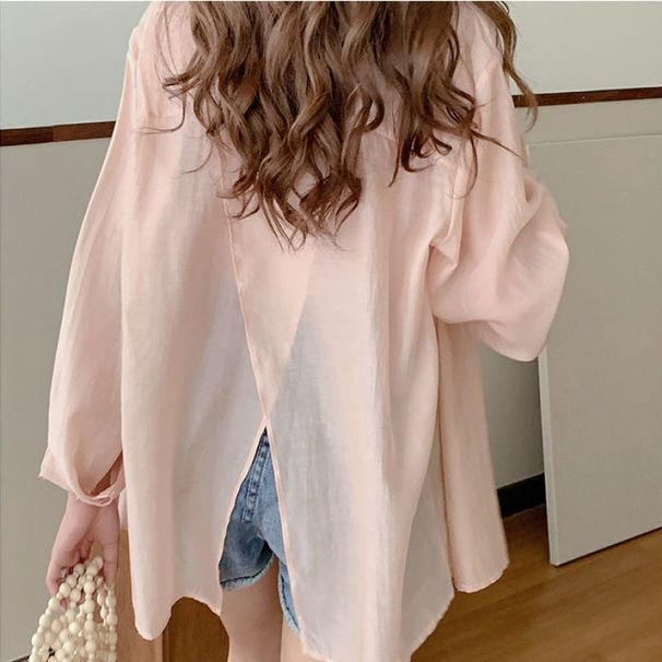 Women's Unique Design Back Slit Long Sleeved Shirt Loose Fit Solid Color Summer Style Outerwear Sun Protection Top_ecoleips.com