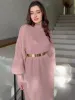 TARUXY Knitted Long Dress With Belt Women's Turtleneck Pullover Solid Sweater Dresses Fashion Long Sleeve Holiday Party Clothes_ecoleips.com