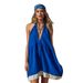 Summer Halter Neck Deep V Dress Women's Loose Beach Clothing Color Block Cotton Linen a Line Mini Skirt European American Style_ecoleips.com