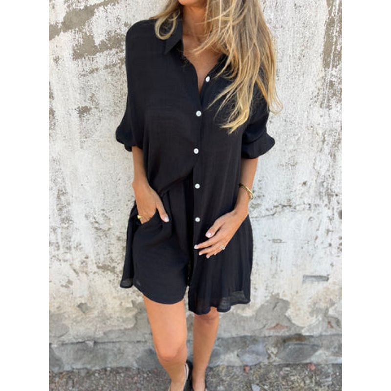 Women's Clothing Casual Solid Color Cotton And Linen Shorts Long Sleeved Wrinkled Shirt Two Piece Suit_ecoleips.com