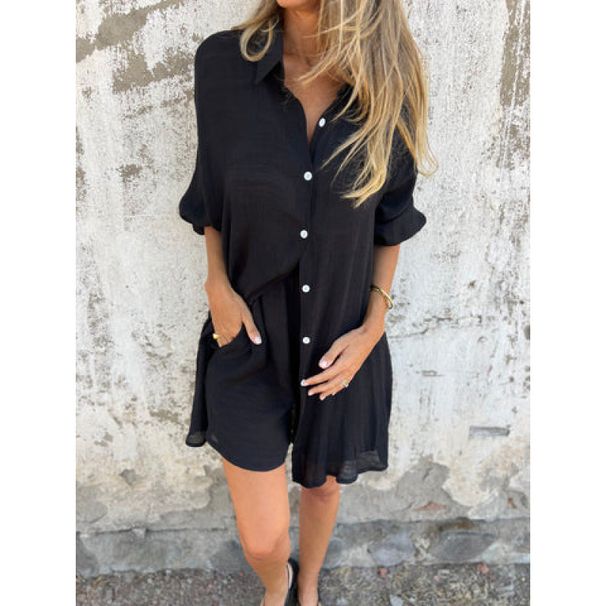 Women's Clothing Casual Solid Color Cotton And Linen Shorts Long Sleeved Wrinkled Shirt Two Piece Suit_ecoleips.com
