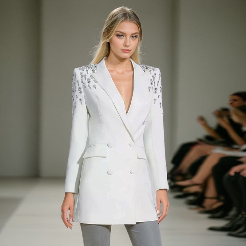 Women's Clothing Heavy Duty Suit Jacket Spring Rhinestone Stitching Design Loose Fitting Long Sleeved Small Suit_ecoleips.com