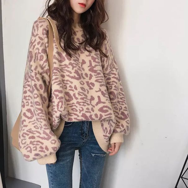 Leopard Print Sweater Women, Round Neck, 2025 Autumn Winter New Loose Fit Lazy Style Pullover Knitted Top Coat For Women_ecoleips.com