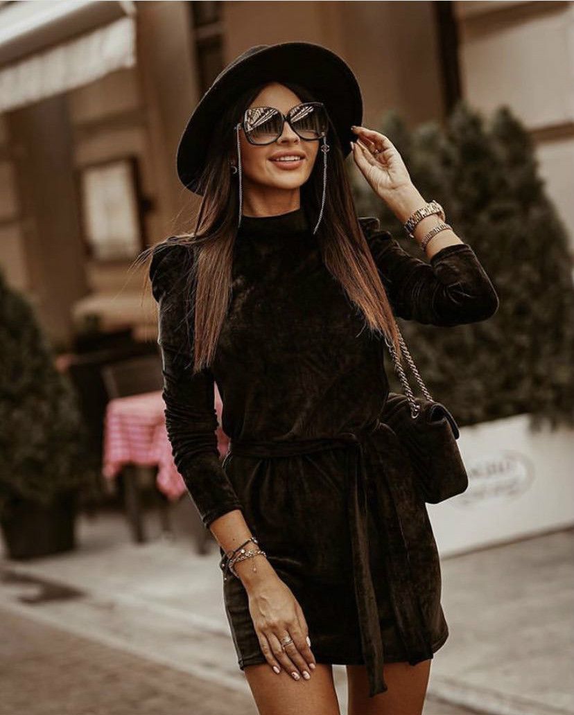 Velvet Bubble Sleeve Dress Women's Fashion Long Sleeve Slim Fit A-Line Casual Dress For Autumn Winter_ecoleips.com