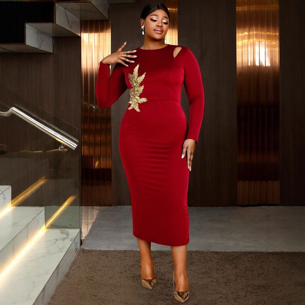 plus Size Off-Shoulder Velvet Dress Gold Embroidery Slimming Waist Hollow Out Mid-Length Evening Gown For Women_ecoleips.com