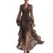 Leopard Print V-Neck Long Sleeve Dress for Women Slim Waist Ruffle Detail European American Style Design Women's Fashion_ecoleips.com