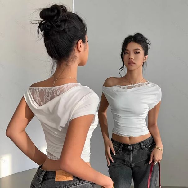 Spicy Lace Trimmed Faux Two Piece Short Top Women's Chic Asymmetrical Off-Shoulder T-Shirt Summer Style Short Sleeve_ecoleips.com