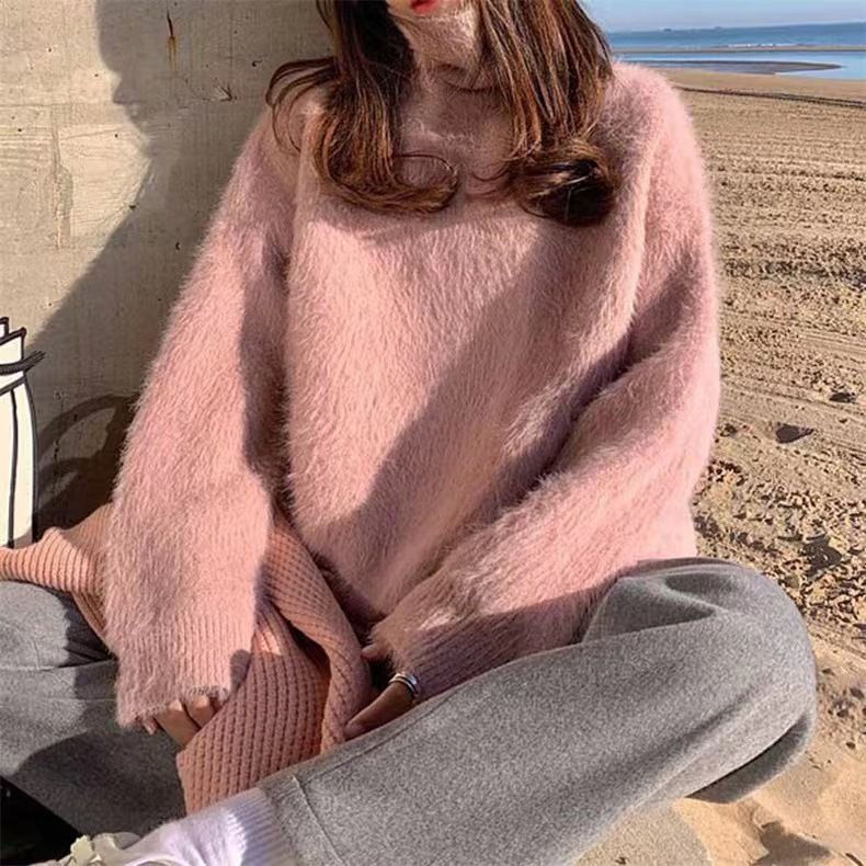 Soft & Cozy High Neck Sweater - Fluffy Faux Mink Knit Pullover For Women, Oversized Loose Fit, Warm Winter Layering Essential_ecoleips.com