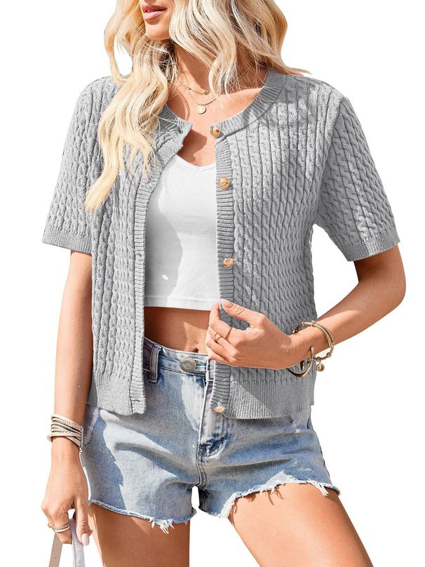 Women's Clothing Summer Short Sleeved Cardigan Short Button Round Neck Sweater_ecoleips.com