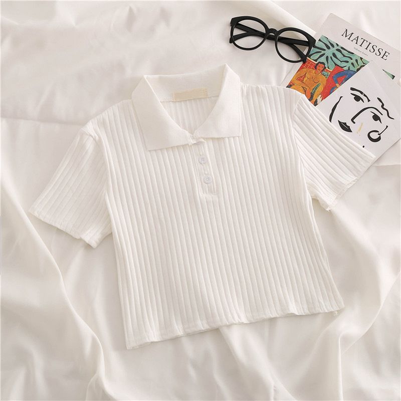Women's Clothing White Polo Collar Short Sleeved T Shirt Women's Shirt Summer Design Niche Slim Short Straight Shoulder High Waist Top_ecoleips.com