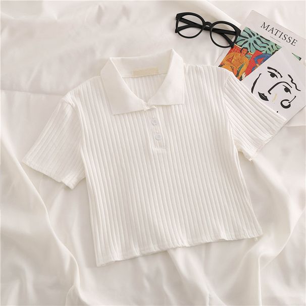 Women's Clothing White Polo Collar Short Sleeved T Shirt Women's Shirt Summer Design Niche Slim Short Straight Shoulder High Waist Top_ecoleips.com