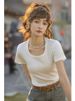 MISHOW Short Sleeve T-shirts Women Spring Solid Square-neck Top Elegant Woman Clothes Office Lady Cotton Tees MXC12T0641_ecoleips.com