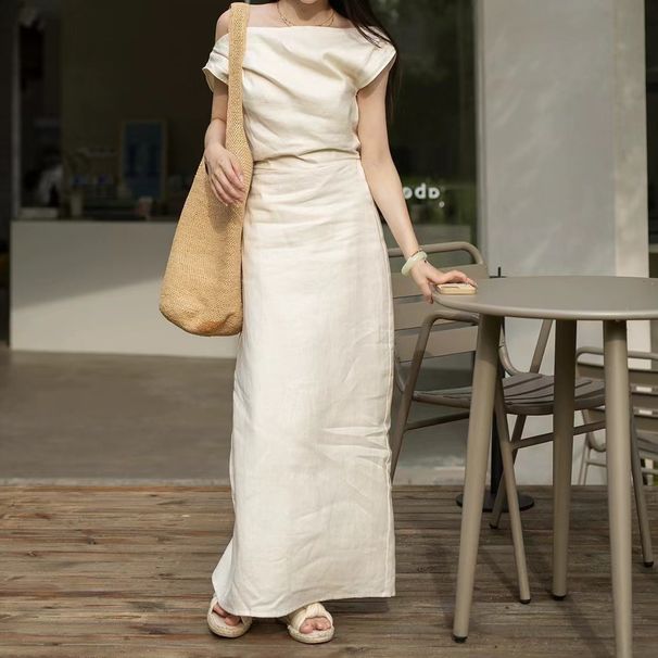 Floati High Count Pure Linen French Vacation Style Temperament Design Sense Slanted Shoulder Dress Long Skirt New_ecoleips.com