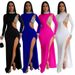 Women's Clothing Fashion Solid Color Hot Diamond Long Sleeve Slit Dress Female_ecoleips.com