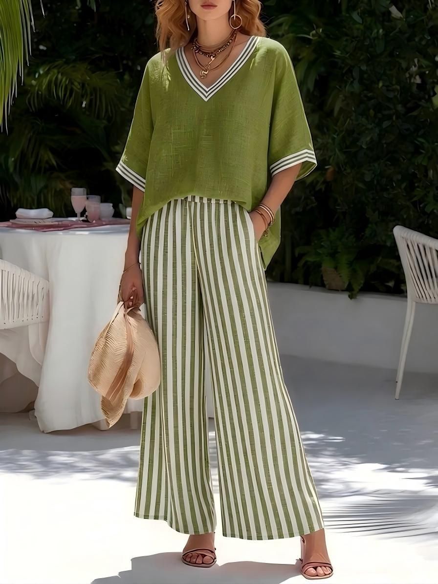 Women's Clothing Women's Casual Striped Two Piece Set V Neck Comfortable Loose Fashion For Formal & Casual For Women_ecoleips.com