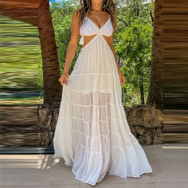 Vacation V-neck Sleeveless Suspender Women's Dress Fashion Lace Patchwork Party Dress Backless Hollow High Waist Sexy Long Dress_ecoleips.com