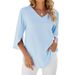 Women's Clothing Spring And Summer New Solid Color V Neck Mid Sleeve Loose Chiffon Shirt Women's Top_ecoleips.com