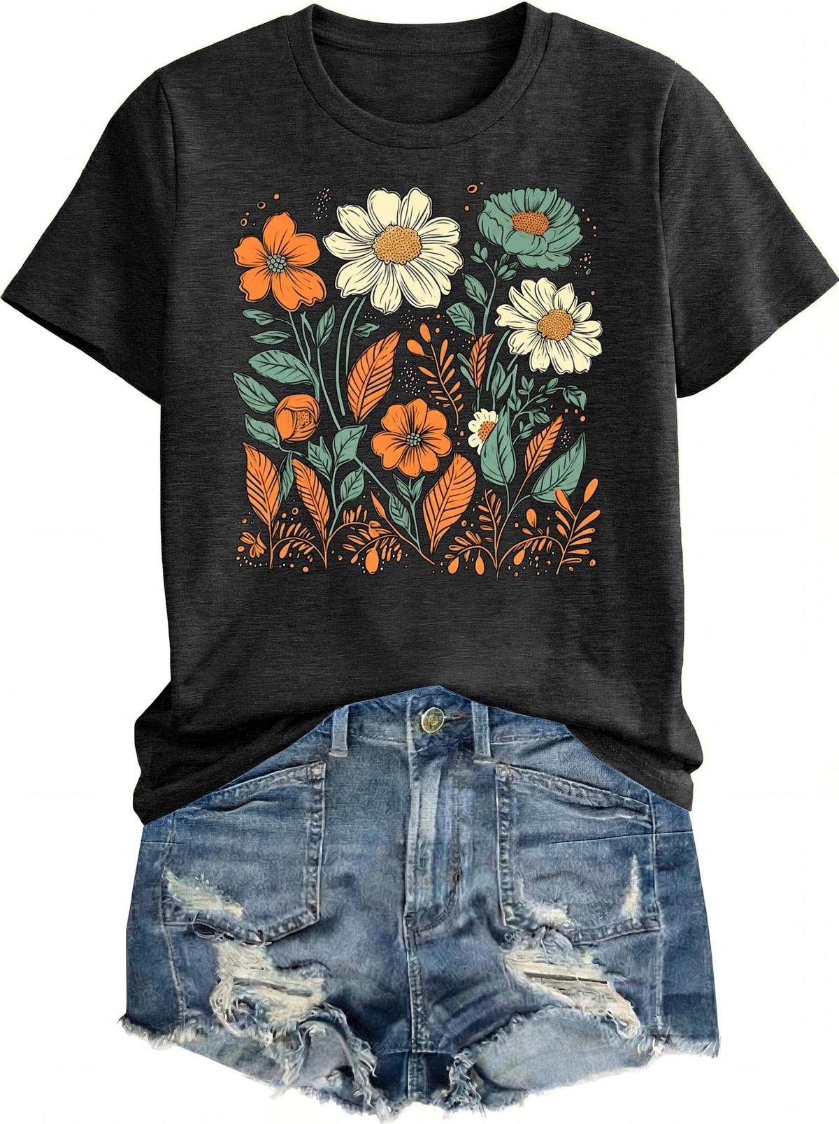 Graphic Tees For Women Casual Short Sleeve Round Neck Vintage Boho Style Floral T Shirts Wildflowers Cottagecore Tshirt Tops_ecoleips.com