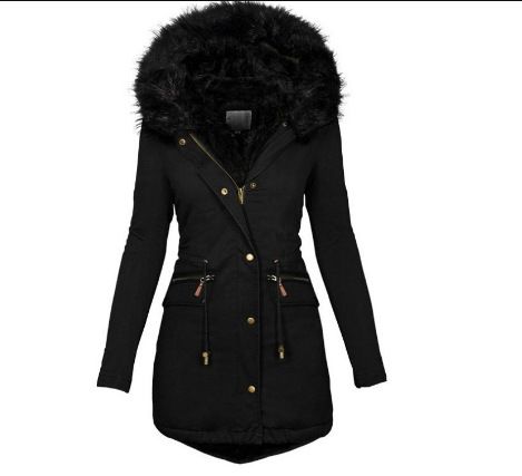 Women's Clothing Autumn And Winter Solid Color Fur Collar Hooded Medium And Long Warm Zipper Cotton Coat_ecoleips.com