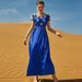 Ba7030 Sapphire Blue Wael Satin Hand-Sewn Glass Diamond Short-Sleeved Long Dress, A Retro Dress With A Noble Lady Style_ecoleips.com