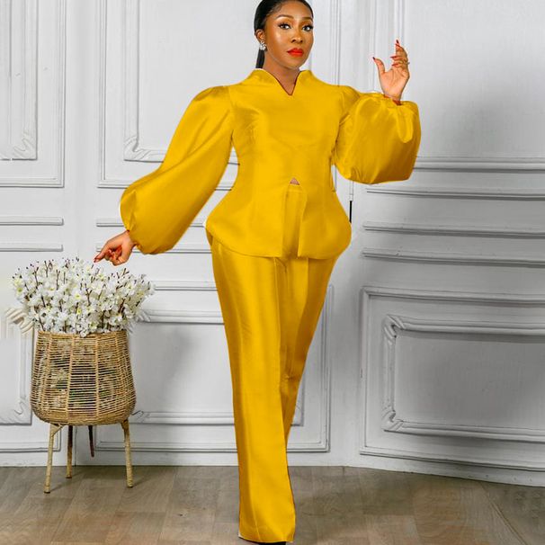 Women's Clothing solid color puff sleeve top wide leg trousers two piece suit women's fashion suit_ecoleips.com