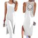Women's Lace Hollow Out Sleeveless Midi Dress American Style Casual Elegant Fashion Summer Skirt With Slit Knee Length_ecoleips.com