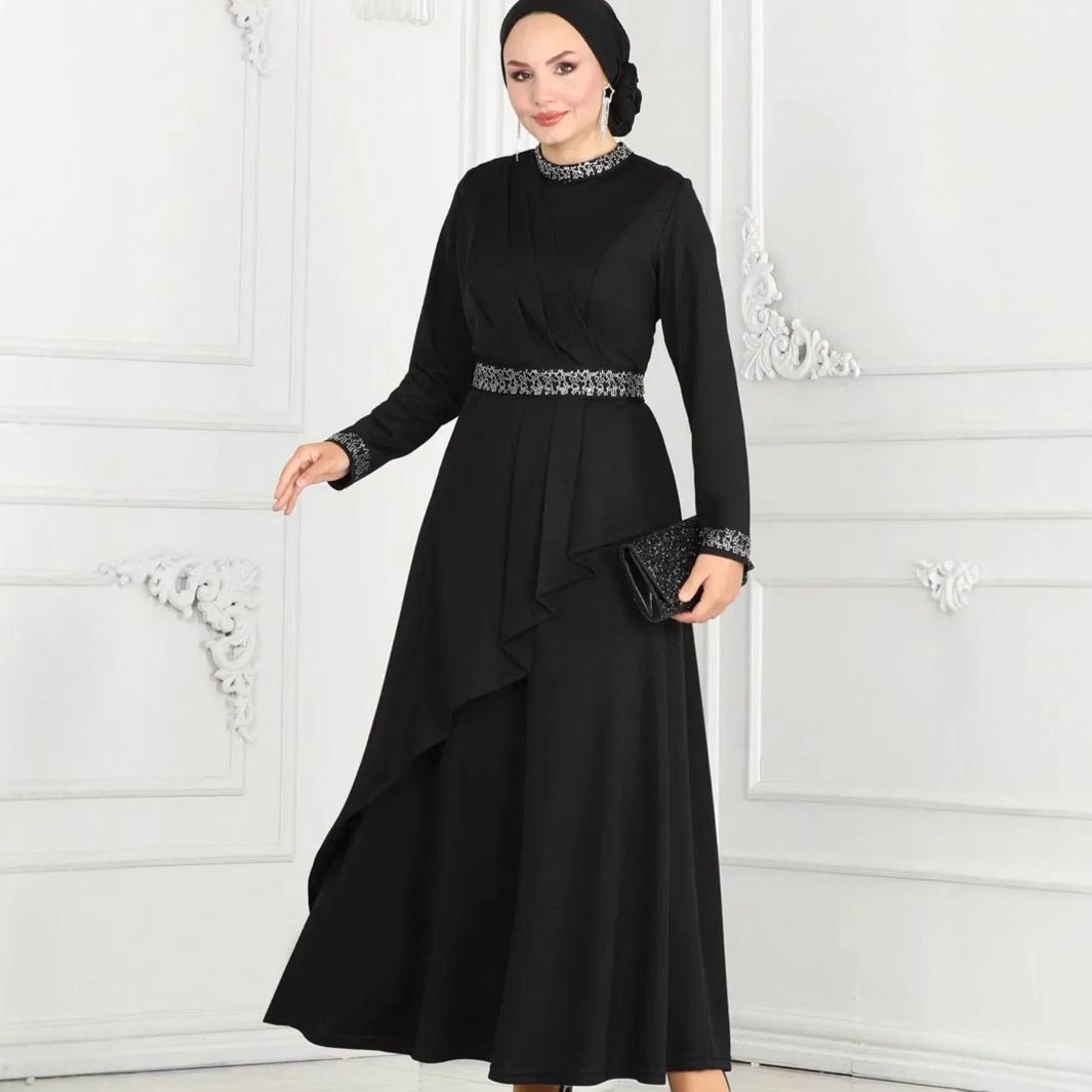 Muslim Dress Women Elegant Beaded Muslim Dress – Slim Fit Ruffled Abaya For Special Occasions_ecoleips.com