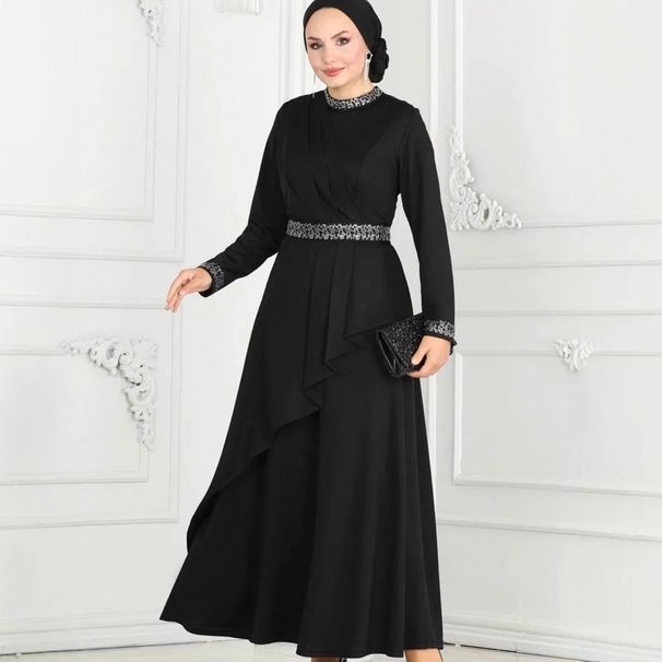 Muslim Dress Women Elegant Beaded Muslim Dress – Slim Fit Ruffled Abaya For Special Occasions_ecoleips.com