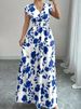 Short-sleeved Lace-up Dress, New Printed V-neck Long Dress, Cross-border Summer Waist Women's Clothing_ecoleips.com