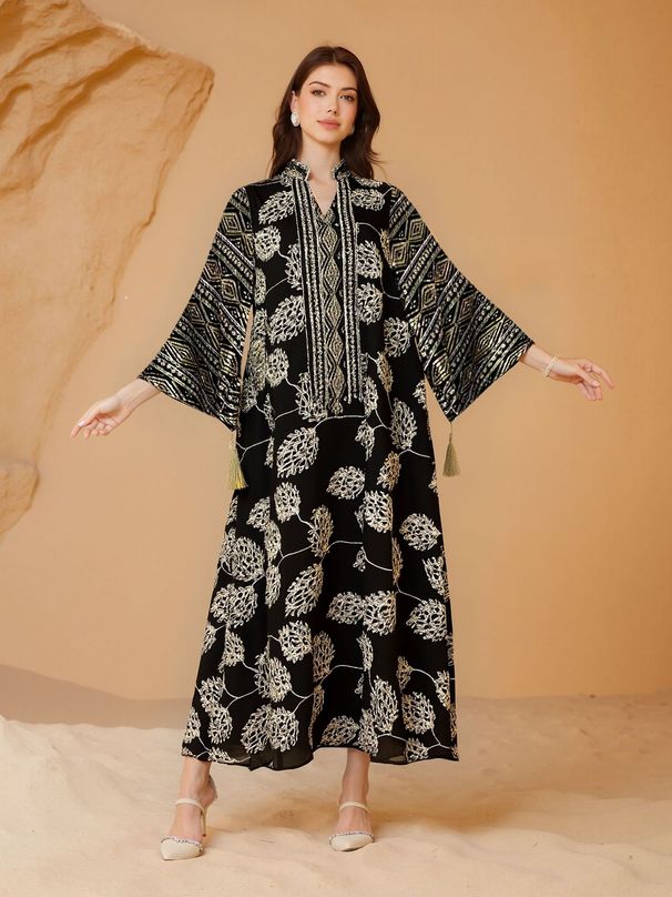 Elegant Muslim Abaya Dress With Embroidered Lace And Sequins - Long Sleeve Flared Gown For Women_ecoleips.com