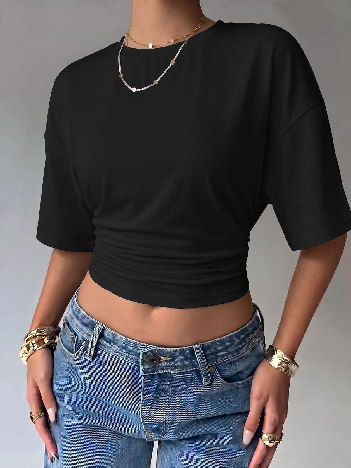 Women's Short Sleeve Top Smocked Waist Flutter Sleeve Cropped Knit Shirt Solid Color Round Neck Blouse_ecoleips.com