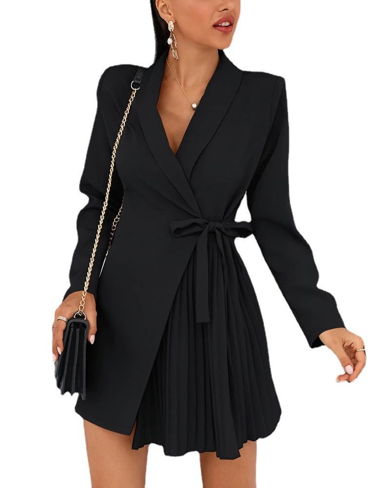 Women's Clothing Solid Color Lace-Up Pleated Suit Jacket Dress Long Sleeve Polyester Blazer For Autumn Winter_ecoleips.com