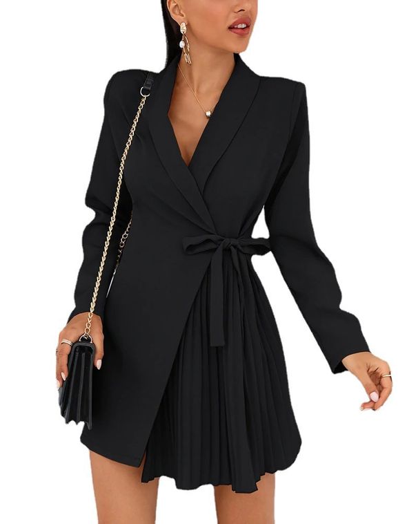 Women's Clothing Solid Color Lace-Up Pleated Suit Jacket Dress Long Sleeve Polyester Blazer For Autumn Winter_ecoleips.com