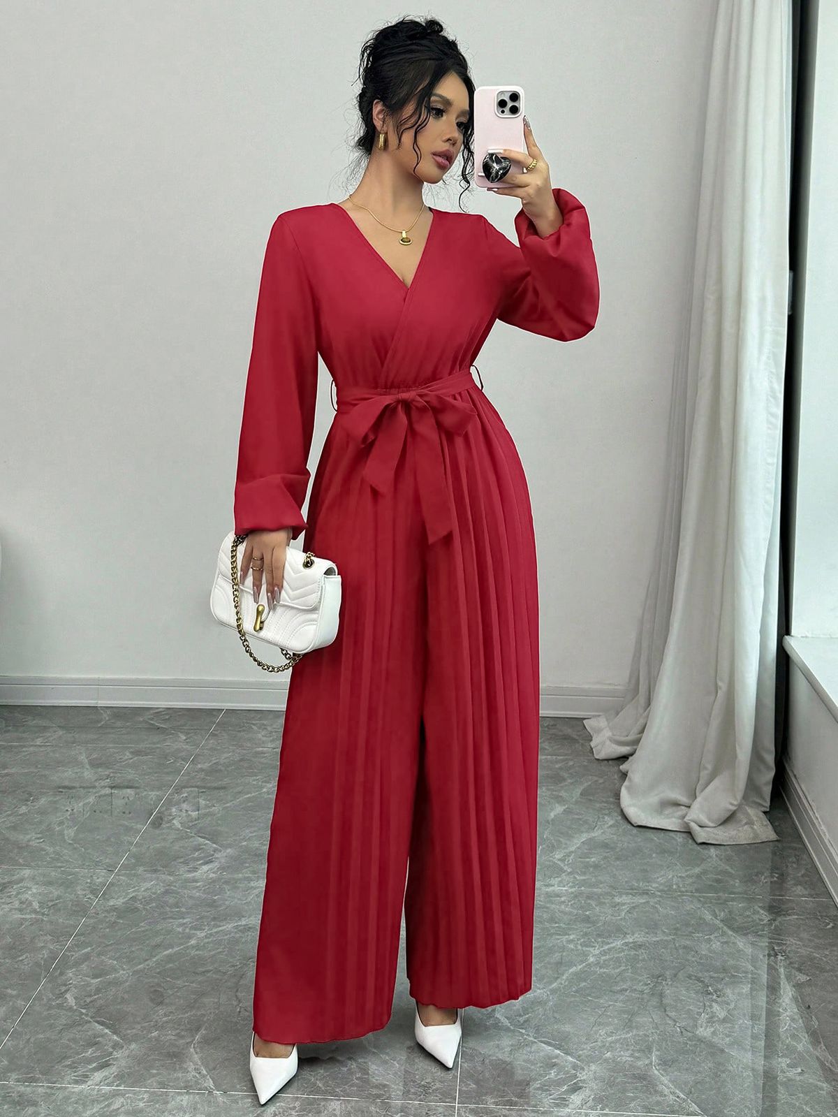 Women's Autumn Winter Romper, Elegant Casual Party, Pleated Long Pants With Belt, V Neck Long Sleeve Wide Leg One-Piece Fashion_ecoleips.com
