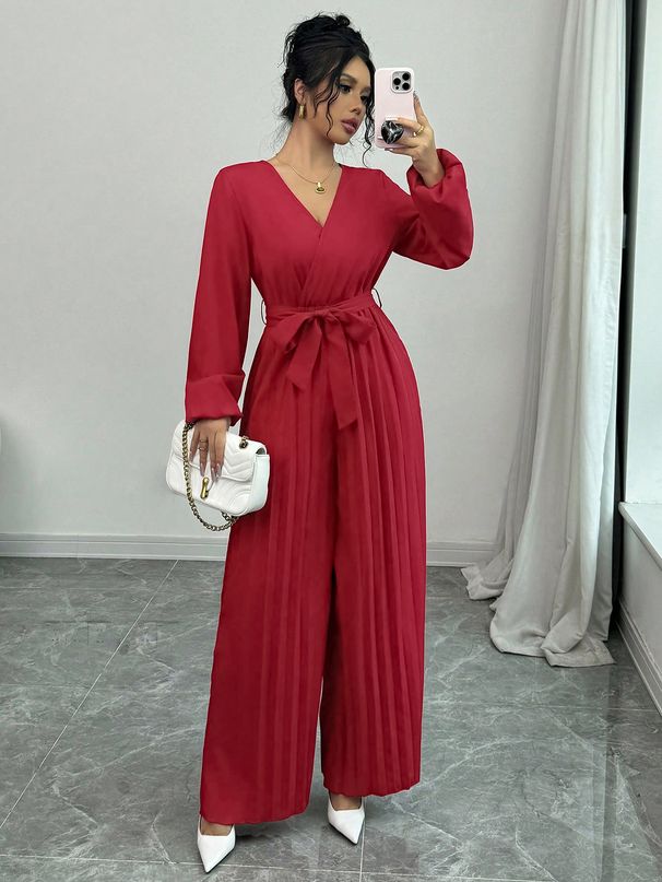 Women's Autumn Winter Romper, Elegant Casual Party, Pleated Long Pants With Belt, V Neck Long Sleeve Wide Leg One-Piece Fashion_ecoleips.com