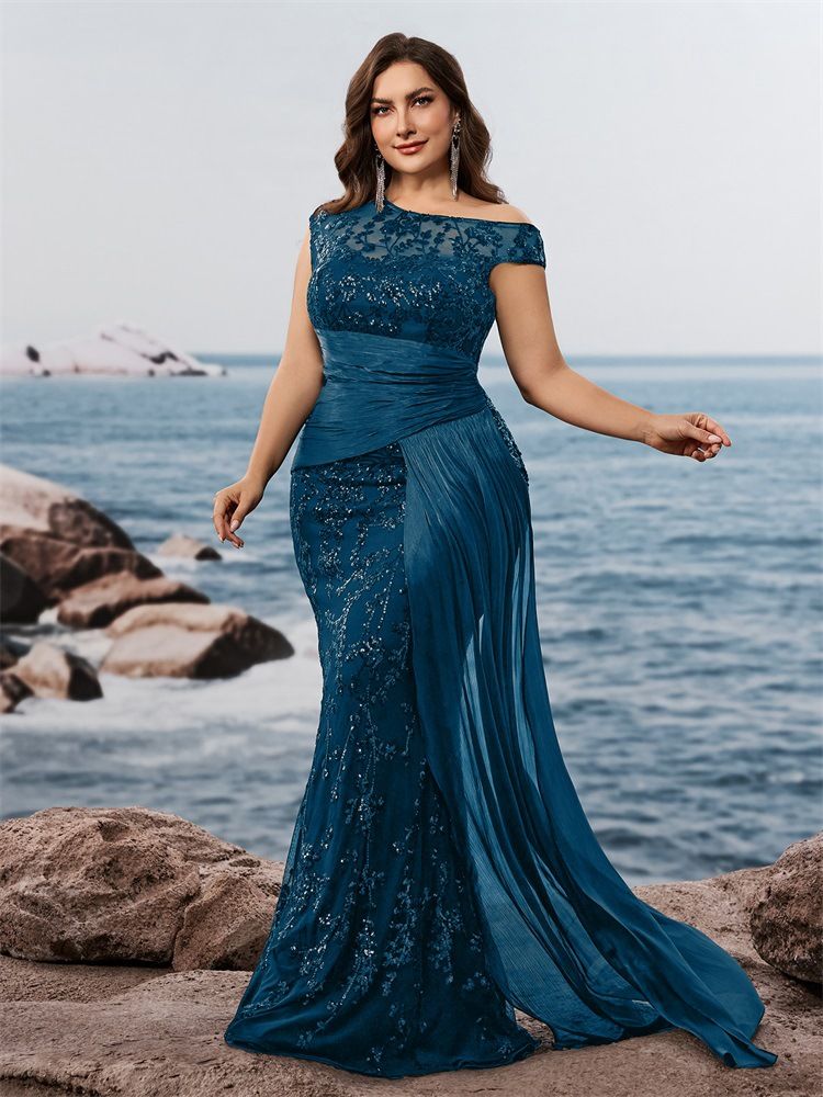 Elegant Sequined Fitted V Neck Sleeveless Cocktail Dress plus Size European American Style for Evening Parties And Banquets Suitable for Mothers_ecoleips.com