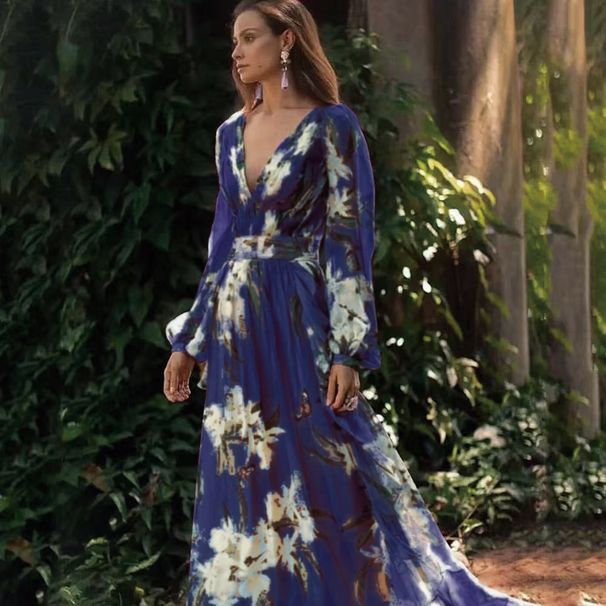 Women's Clothing Winter V Neck Long Sleeved Four Sided Stretch Print Large Swing Dress_ecoleips.com