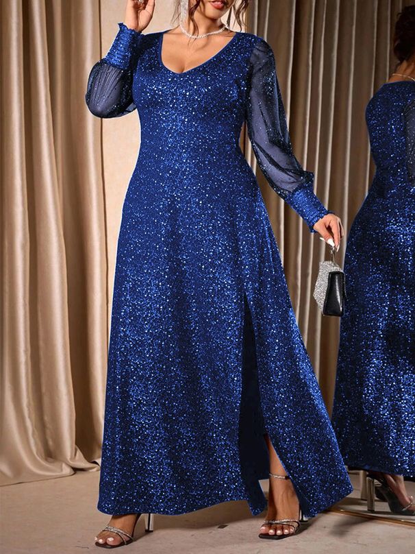 Elegant Mesh & Glitter Party Dress V-Neck Long Sleeve A-Line Gown, Shimmer Evening Dress For Ball, Prom, And Special Occasions (S-XL)_ecoleips.com