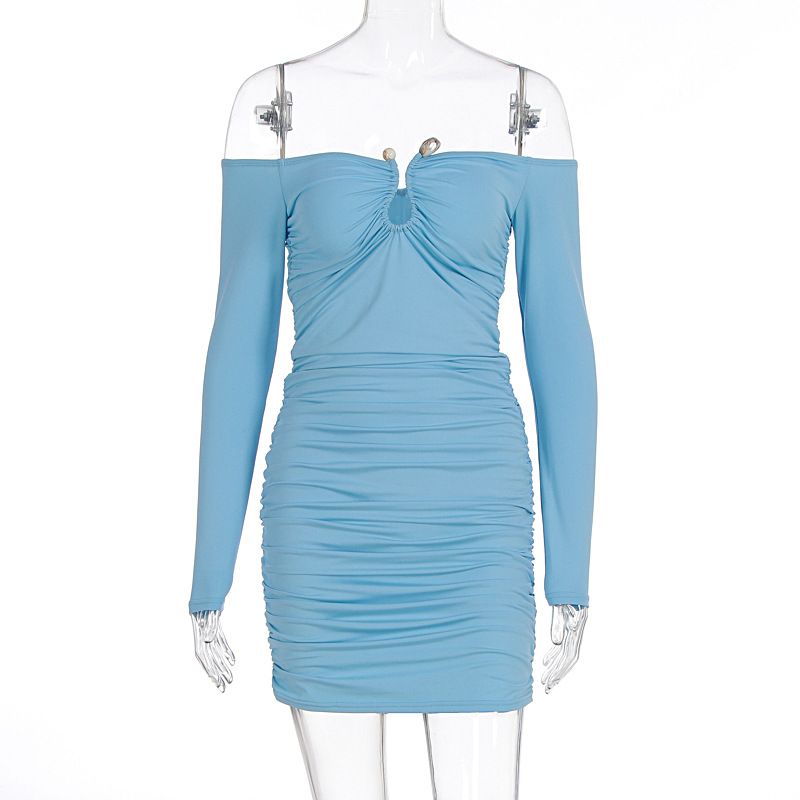 Sexy Hot Girl One Shoulder Dress Metal Decor Ruched Slim Fit Long Sleeve Hip Wrapped Bodycon Party Evening Dress_ecoleips.com