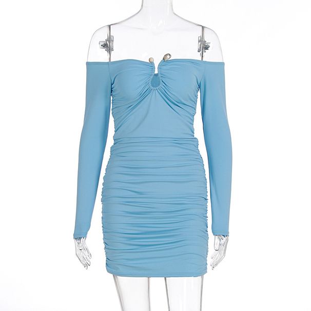 Sexy Hot Girl One Shoulder Dress Metal Decor Ruched Slim Fit Long Sleeve Hip Wrapped Bodycon Party Evening Dress_ecoleips.com