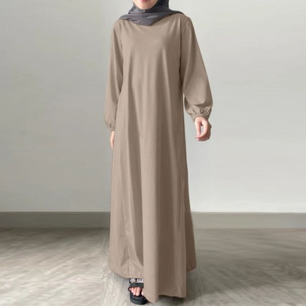 Loose Long Sleeve Round Neck Muslim Dress Women's Pure Color Fashionable Long Gown Elegant Simple Style Abaya Eid Middle East Clothing_ecoleips.com