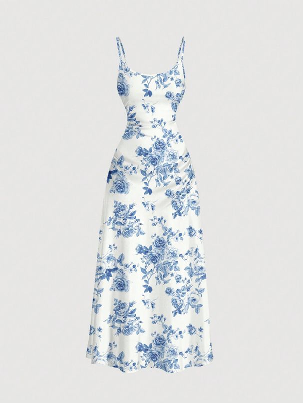 Women's Casual Printed Slimming Suspender Dress Collarless Elegant Loose Skirt_ecoleips.com