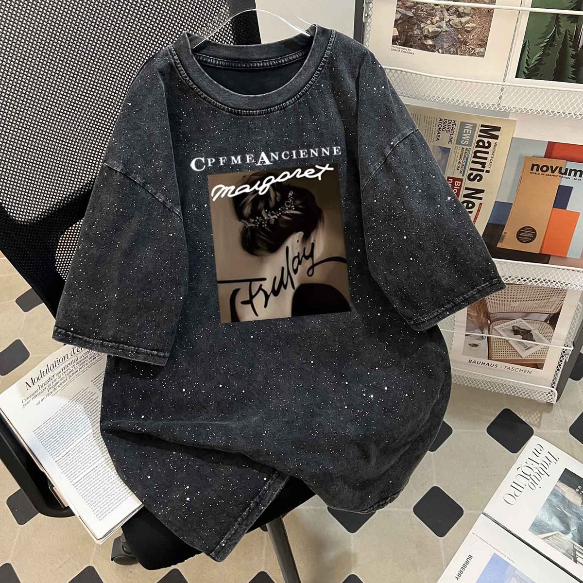 Women's Clothing Retro Washed Heavy Cotton Oversize Tops For Women American High Street Washed Distressed Starry Sky Short Sleeved T Shirt_ecoleips.com