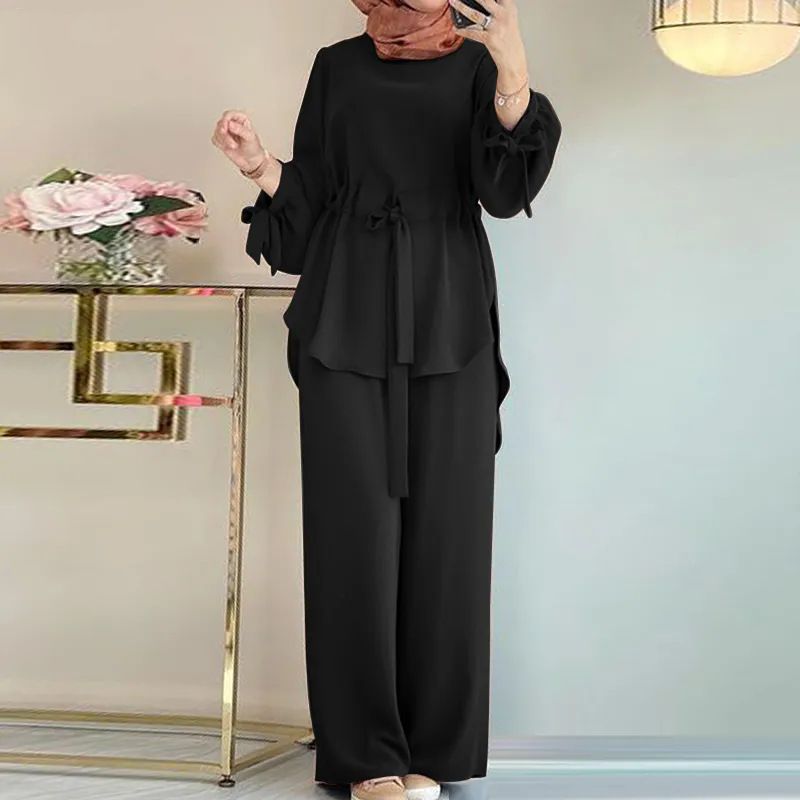 H730 Muslim Women's Solid Color Drawstring Tie Two-Piece Set Round Neck Top Wide-Leg Pants Elegant Ladies Suit_ecoleips.com