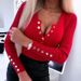 Women's Clothing Casual V-Neck Long Sleeve Button-Up T-Shirt - Soft Cotton Blend Fabric, Comfort Fit, Stylish Solid Color Top For Everyday Wear_ecoleips.com