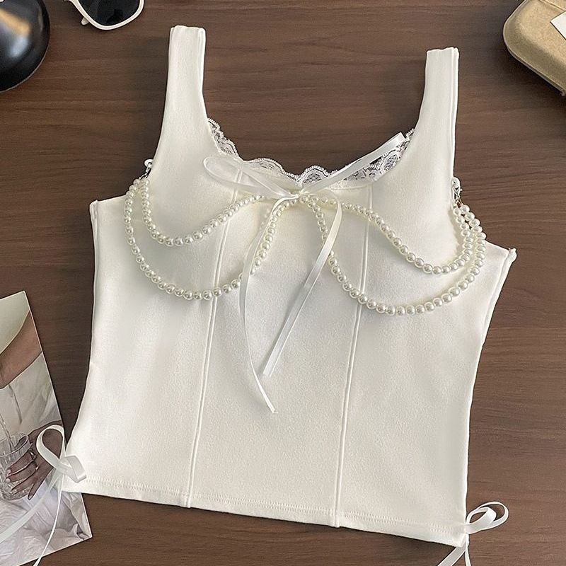 Purely Alluring Hot Girl Lace-trimmed Pearl Chain Bow Strap Camisole With Chest Pads And Beautiful Back Design_ecoleips.com