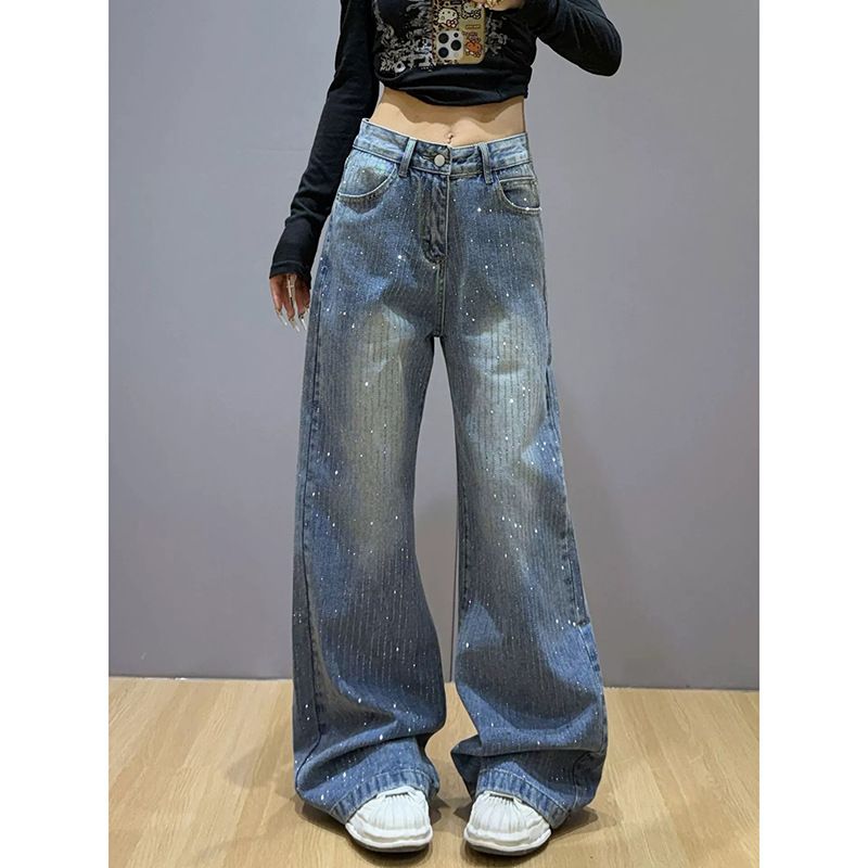 Women's Sparkly Patchwork Denim Jeans Retro Hot Girl Style Loose Flowing Boyfriend Style Floor Length Pants_ecoleips.com