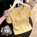 Spring/Summer Women's Knitted Short Sleeve T-Shirt V Neck Straight Shoulder Yellow Slimming Top For Youthful Stylish Look_ecoleips.com