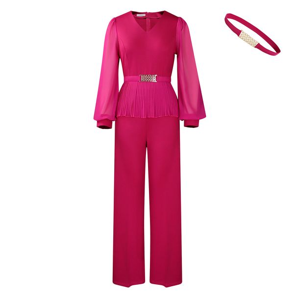 Women's Clothing Elegant And Fashionable V Neck Elegant V-Neck Ruffle Blouse With Wide-Leg Pants Set | Flowy Office Chic Two-Piece Outfit_ecoleips.com